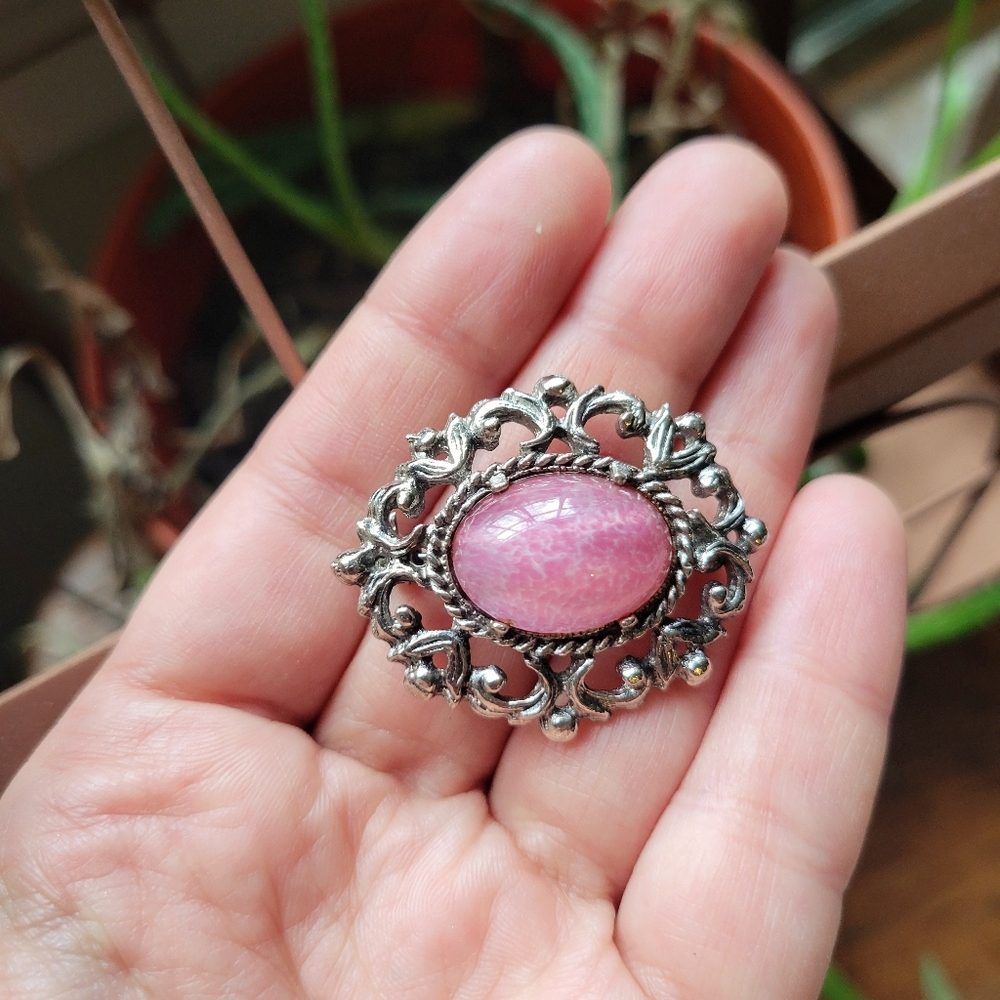 Vintage Ornate Pink Stone Silver Victorian Art Nouveau Lapel Brooch Pin